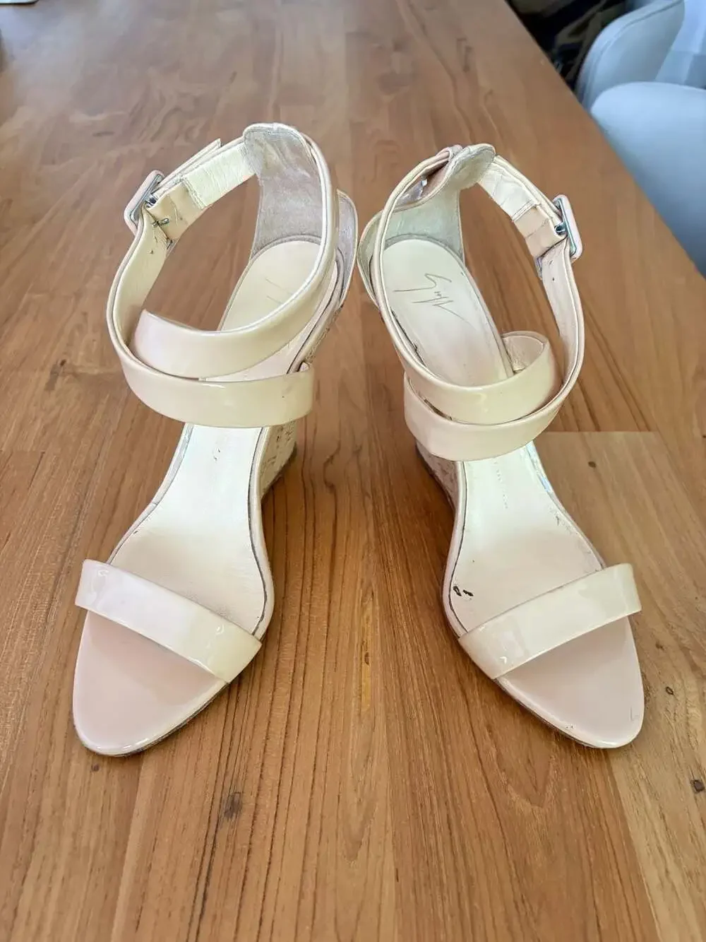Giuseppe Zanotti Design Beige Patent Leather Cork Wedge Sandals